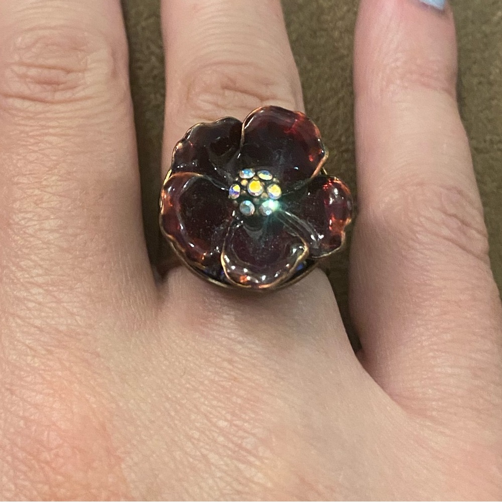 Purple Flower and Jeweled Brass Style Ring